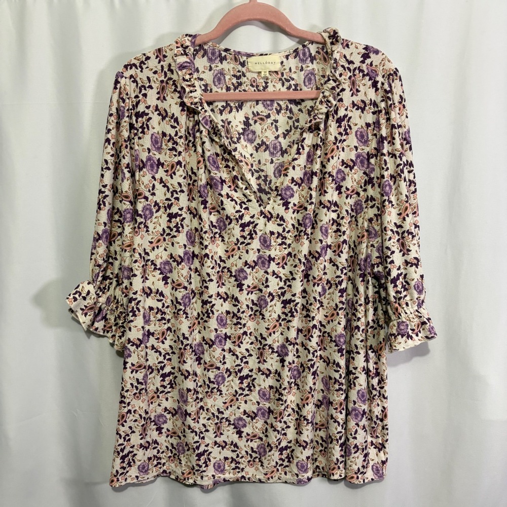 Melloday Womens 2X Purple Floral Paisley Ruffle V-Neck Blouse Boho Romantic